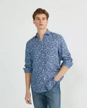 Мужская льняная рубашка прямого кроя с пальмами Faonnable, синий