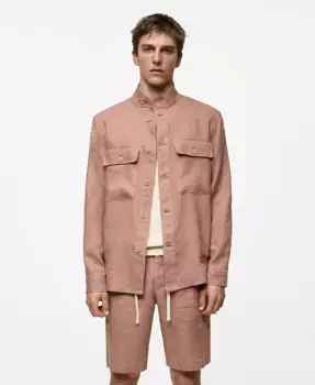 Мужская льняная рубашка с деталями карманов Overshirt MANGO, розовый