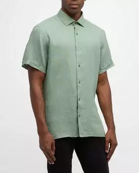 Мужская льняная рубашка с коротким рукавом ZEGNA, цвет Medium Green Solid