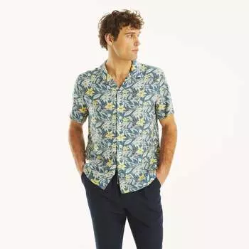 Мужская льняная рубашка с коротким рукавом Nautica с принтом, цвет blue stern