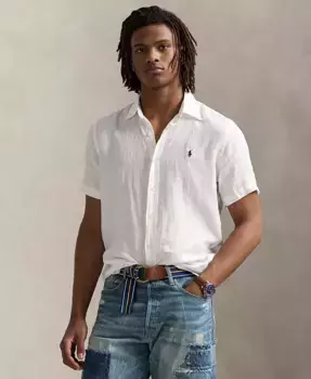 Мужская льняная рубашка с коротким рукавом на пуговицах Polo Ralph Lauren, белый