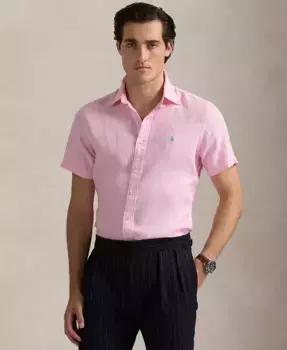 Мужская льняная рубашка с коротким рукавом на пуговицах Polo Ralph Lauren, розовый