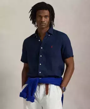 Мужская льняная рубашка с коротким рукавом на пуговицах Polo Ralph Lauren, синий