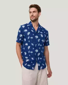 Мужская льняная рубашка с короткими рукавами и узором в виде листьев Pierre Cardin, тёмно-синий