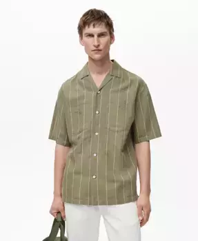 Мужская льняная рубашка в полоску Bowling Shirt MANGO, зеленый