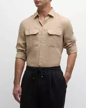 Мужская льняная спортивная рубашка с 2 карманами Canapa Brunello Cucinelli, цвет Beige