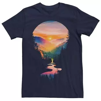 Мужская летняя футболка с рисунком Sunrise River Forest Licensed Character, темно-синий