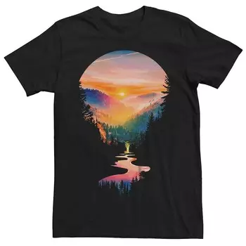 Мужская летняя футболка с рисунком Sunrise River Forest Licensed Character, черный