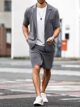 Мужская летняя однотонная повседневная куртка с короткими рукавами и контрастным воротником Homme, шорты и пригородный костюм Manfinity, серый