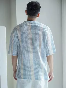 Мужская летняя трикотажная рубашка с короткими рукавами в стиле колор-блок, воротником с лацканами и планкой на пуговицах спереди Dazy, синий/белый