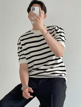 Мужская летняя трикотажная рубашка в полоску с принтом Dazy, кремовый/бежевый