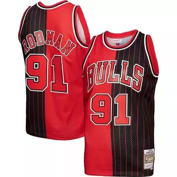 Мужская майка Mitchell & Ness Dennis Rodman красно-черная Chicago Bulls Hardwood Classics 1995-96 Split Swingman Джерси