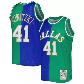 Мужская майка Mitchell & Ness Dirk Nowitzki сине-зеленая Dallas Mavericks Hardwood Classics 1998-2019 Split Swingman