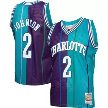 Мужская майка Mitchell & Ness Larry Johnson бирюзового/фиолетового цвета Charlotte Hornets Hardwood Classics 1992-93 с разрезом Swingman