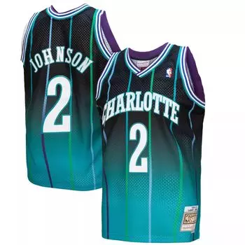 Мужская майка Mitchell & Ness Larry Johnson Teal/Black Charlotte Hornets 1992/93 Hardwood Classics Fadeaway Swingman Player