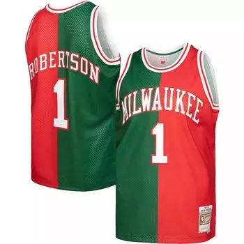 Мужская майка Mitchell & Ness Oscar Robertson зелено-красная Milwaukee Bucks Hardwood Classics 1971-72 Split Swingman Джерси