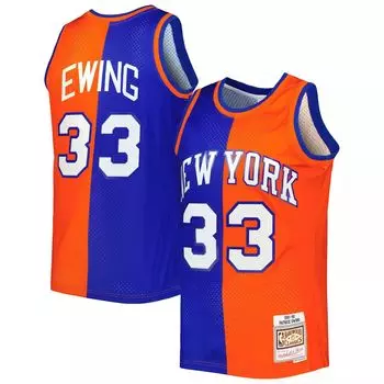 Мужская майка Mitchell & Ness Патрик Юинг синяя/оранжевая New York Knicks Hardwood Classics 1991-92 Split Swingman