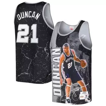 Мужская майка Mitchell & Ness Tim Duncan Black San Antonio Spurs 1998-99 гг. из твердой древесины Classics Player Burst