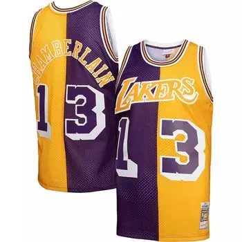 Мужская майка Mitchell & Ness Wilt Chamberlain фиолетовая/золотая Los Angeles Lakers Hardwood Classics 1971-72 Split Swingman Джерси