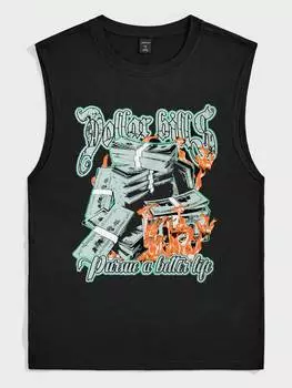 Мужская майка ROMWE Street Life с принтом денег и букв Подходит для повседневной носки весной и летом, черный цвет