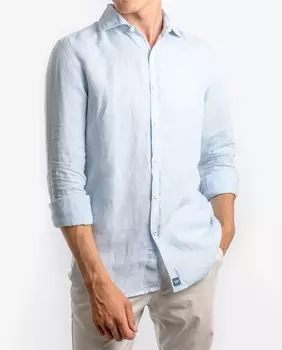Мужская мягкая узкая льняная рубашка голубого цвета Wickett Jones, светло-синий