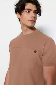Мужская непринужденная футболка Camel с коротким рукавом и круглым вырезом Trendyol, коричневый