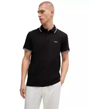 Мужская облегающая поло из хлопка с добавлением эластана Hugo Boss, черный
