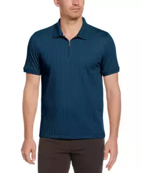 Мужская облегающая поло-рубашка с ребристой вязкой и молнией на 1/4 Perry Ellis, синий