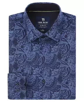 Мужская облегающая рубашка с длинным рукавом на пуговицах для делового стиля Tom Baine, синий