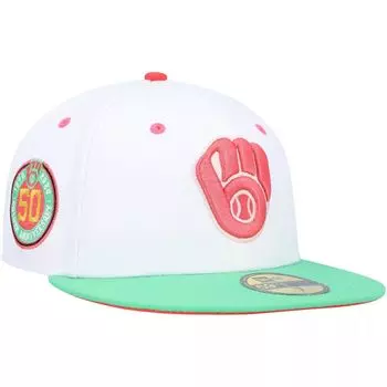Мужская облегающая шляпа New Era белого/зеленого цвета Milwaukee Brewers 1982 World Series Watermelon Lolli 59FIFTY