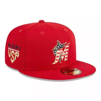 Мужская облегающая шляпа New Era Red Miami Marlins 2023, Четвертое июля 59FIFTY