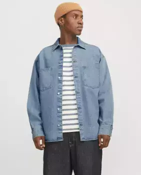Мужская однотонная джинсовая рубашка с боковыми карманами Jack & Jones, голубой