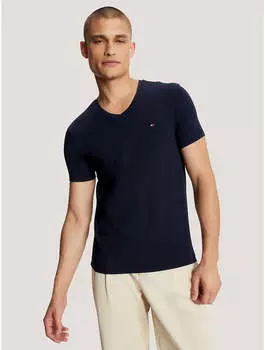 Мужская однотонная футболка Tommy Hilfiger Slim Fit с V-образным вырезом, темно-синий