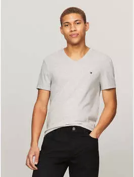 Мужская однотонная футболка Tommy Hilfiger Slim Fit с V-образным вырезом, цвет grey heather