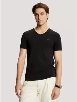 Мужская однотонная футболка Tommy Hilfiger Slim Fit с V-образным вырезом, черный