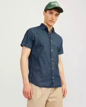 Мужская однотонная рубашка с коротким рукавом Jack & Jones, синий