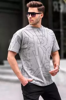 Мужская окрашенная серая футболка с круглым вырезом с буквенным узором 6061 MADMEXT