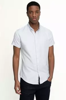 Мужская оксфордская рубашка из поплина с коротким рукавом и воротником на пуговицах Slim Fit, синяя рубашка TUDORS