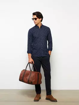 Мужская оксфордская рубашка Slim Fit с длинным рукавом LCWAIKIKI Classic, темно-синий с принтом