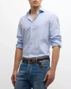 Мужская оксфордская рубашка в полоску на пуговицах Brunello Cucinelli, цвет White/Light Blue