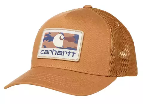 Мужская парусиновая кепка Carhartt с камуфляжной нашивкой и сетчатой спинкой, цвет Carhartt Brown