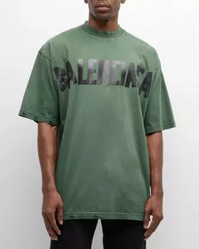 Мужская потертая футболка с логотипом на ленте Balenciaga, цвет 3004 Dark Green