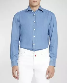 Мужская повседневная рубашка из шамбре на пуговицах Kiton, цвет Light Blue