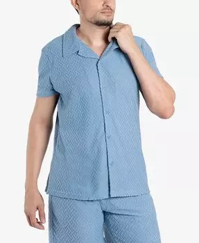 Мужская повседневная рубашка на пуговицах с текстурированным лагерным воротником и коротким рукавом SPRING + MERCER, синий