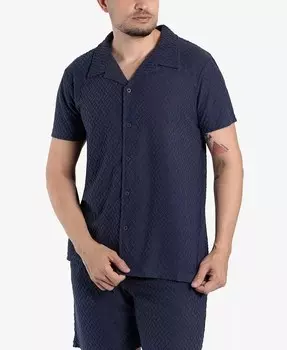 Мужская повседневная рубашка на пуговицах с текстурированным лагерным воротником и коротким рукавом SPRING + MERCER, синий