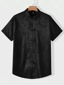 Мужская повседневная жаккардовая атласная рубашка с воротником на пуговицах Homme с узором в стиле Cheongsam Manfinity, черный