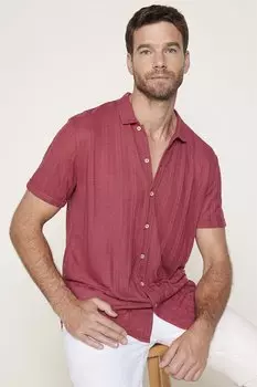 Мужская приталенная бордовая красная рубашка с короткими рукавами и рисунком TUDORS