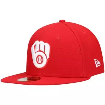 Мужская приталенная шляпа New Era Red Milwaukee Brewers с белым логотипом 59FIFTY