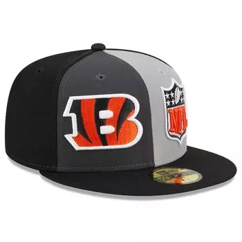 Мужская приталенная шляпа New Era серо-черная Cincinnati Bengals 2023 Sideline 59FIFTY