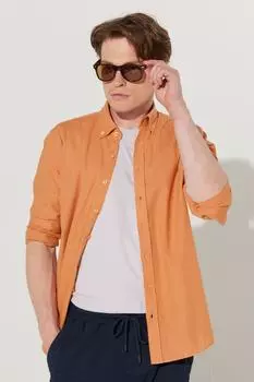 Мужская расклешенная рубашка из 100% хлопка приталенного кроя с оксфордским воротником на пуговицах и льняным эффектом AC&Co/Altnyldz Classics AC&Co Altinyildiz Classics, оранжевый
